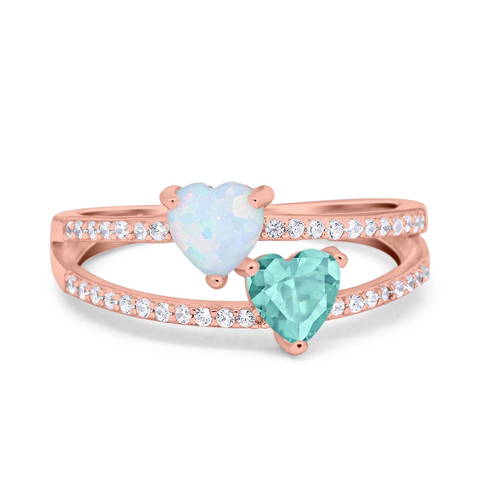 Heart Promise Ring Double Heart Created White Opal Round Simulated Cubic Zirconia 925 Sterling Silver