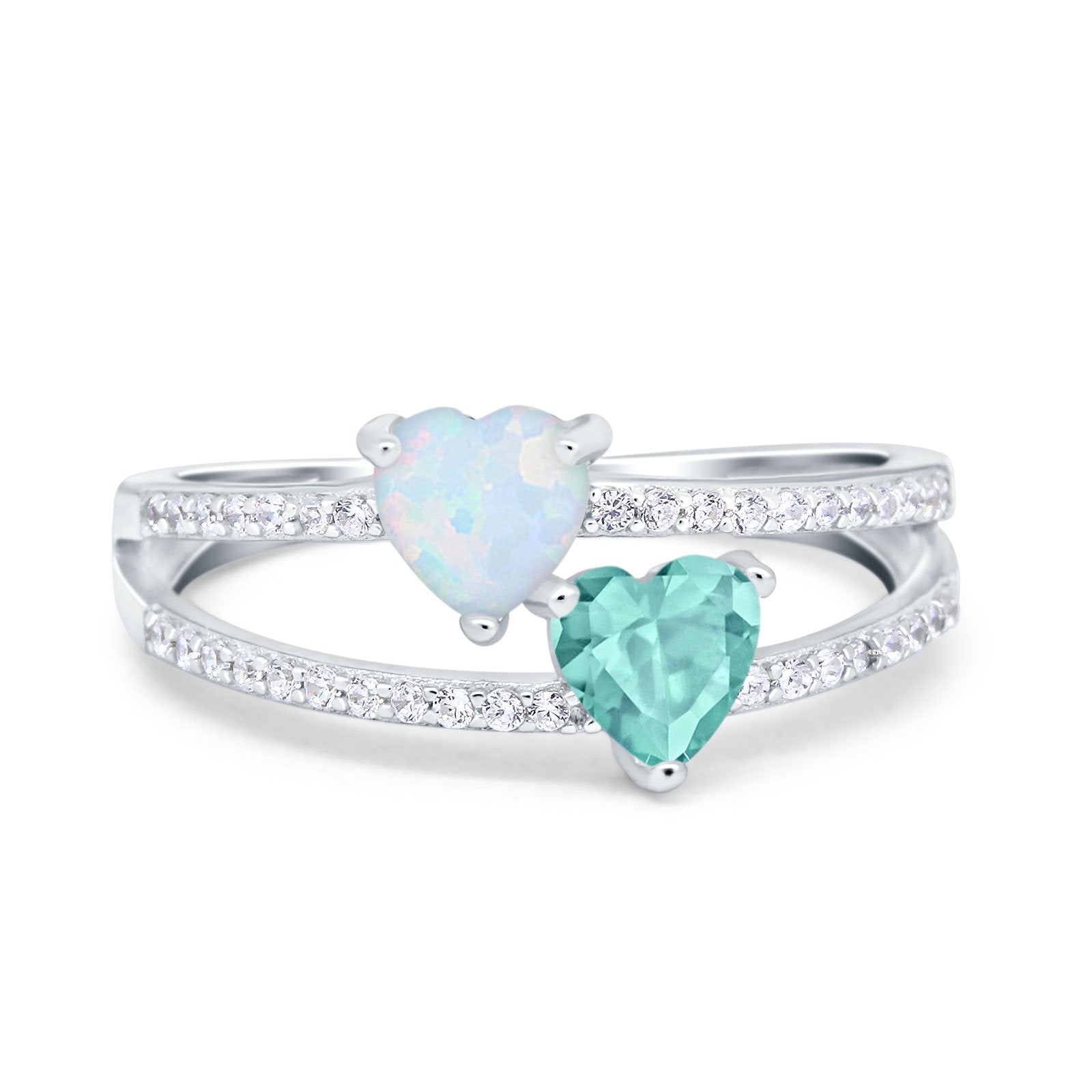 Heart Promise Ring Double Heart Created White Opal Round Simulated Cubic Zirconia 925 Sterling Silver
