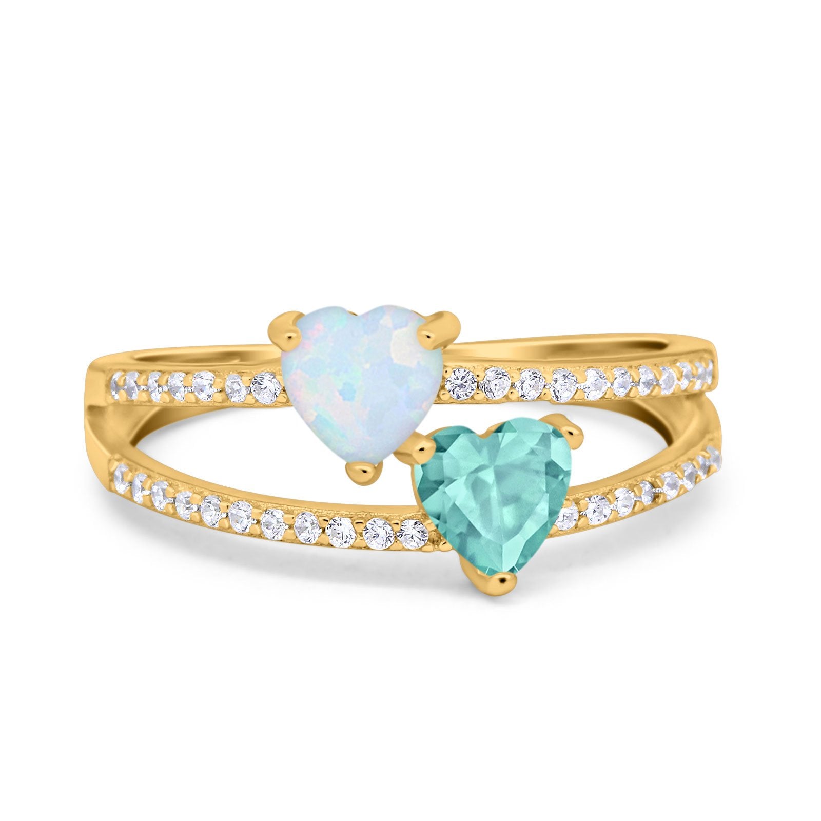 Heart Promise Ring Double Heart Created White Opal Round Simulated Cubic Zirconia 925 Sterling Silver