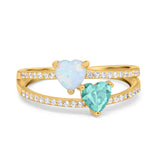 Heart Promise Ring Double Heart Created White Opal Round Simulated Cubic Zirconia 925 Sterling Silver