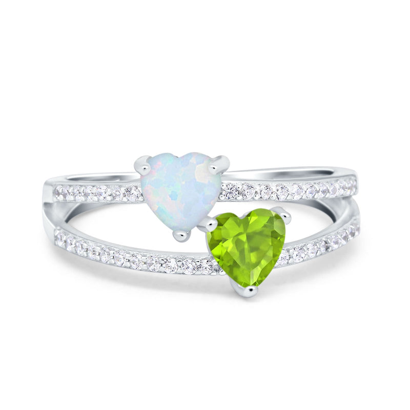 Heart Promise Ring Double Heart Created White Opal Round Simulated Cubic Zirconia 925 Sterling Silver