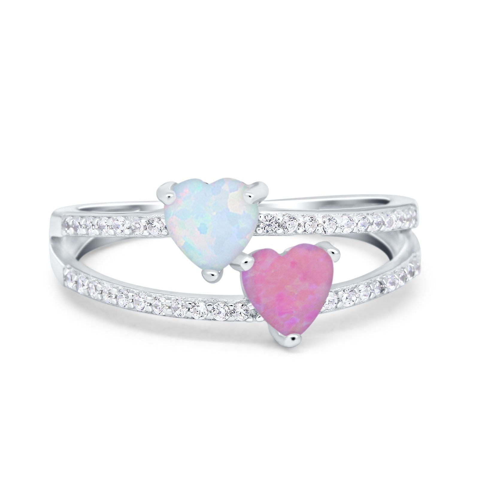 Heart Promise Ring Double Heart Created White Opal Round Simulated Cubic Zirconia 925 Sterling Silver