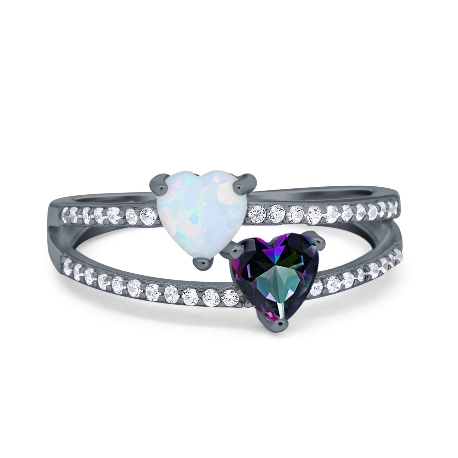Heart Promise Ring Double Heart Created White Opal Round Simulated Cubic Zirconia 925 Sterling Silver