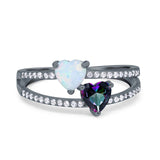 Heart Promise Ring Double Heart Created White Opal Round Simulated Cubic Zirconia 925 Sterling Silver