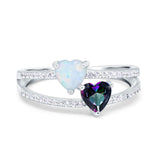 Heart Promise Ring Double Heart Created White Opal Round Simulated Cubic Zirconia 925 Sterling Silver