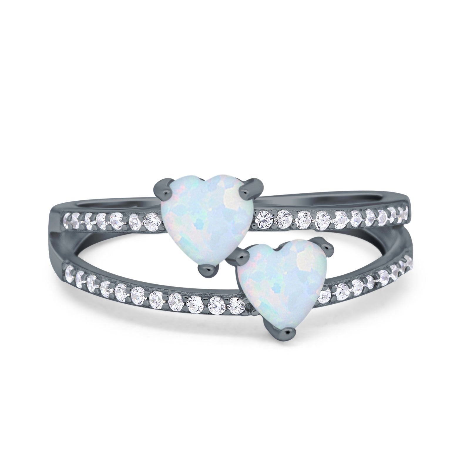Heart Promise Ring Double Heart Created White Opal Round Simulated Cubic Zirconia 925 Sterling Silver