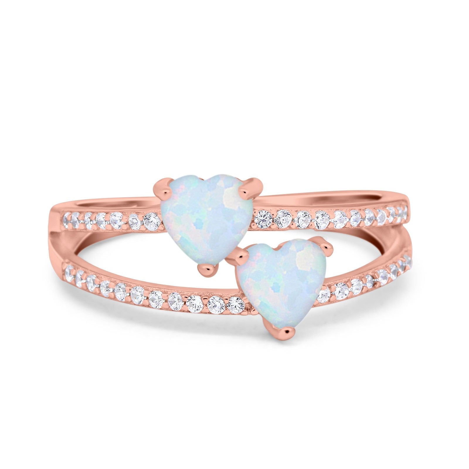 Heart Promise Ring Double Heart Created White Opal Round Simulated Cubic Zirconia 925 Sterling Silver