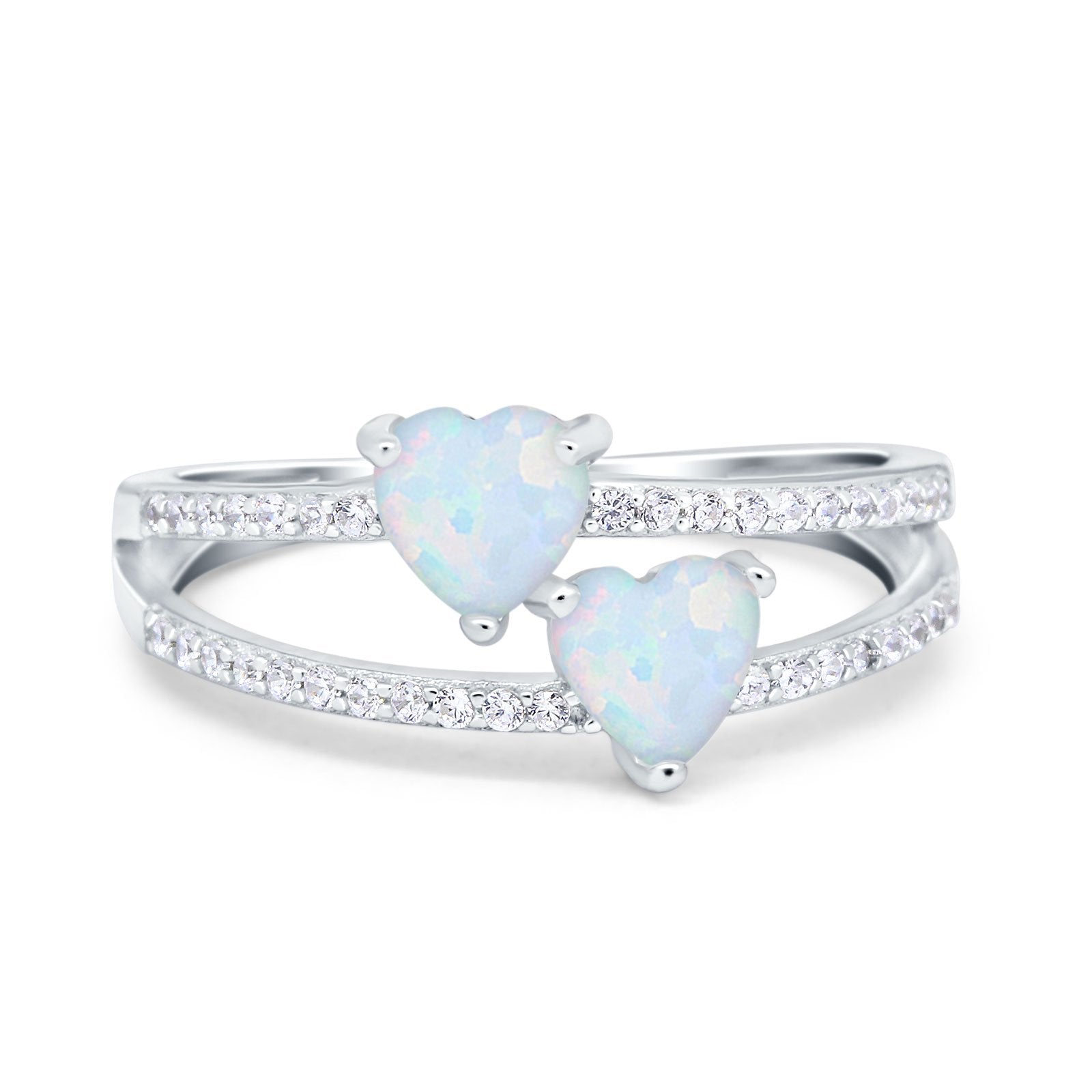 Heart Promise Ring Double Heart Created White Opal Round Simulated Cubic Zirconia 925 Sterling Silver
