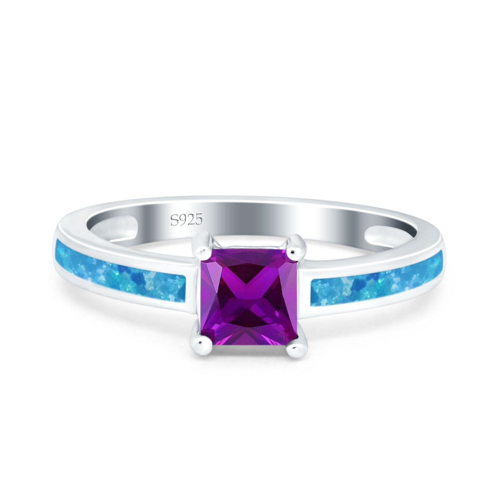 Solitaire Accent Fashion Ring Princess Cut Simulated Cubic Zirconia Created Opal 925 Sterling Silver