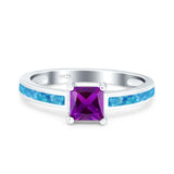 Solitaire Accent Fashion Ring Princess Cut Simulated Cubic Zirconia Created Opal 925 Sterling Silver