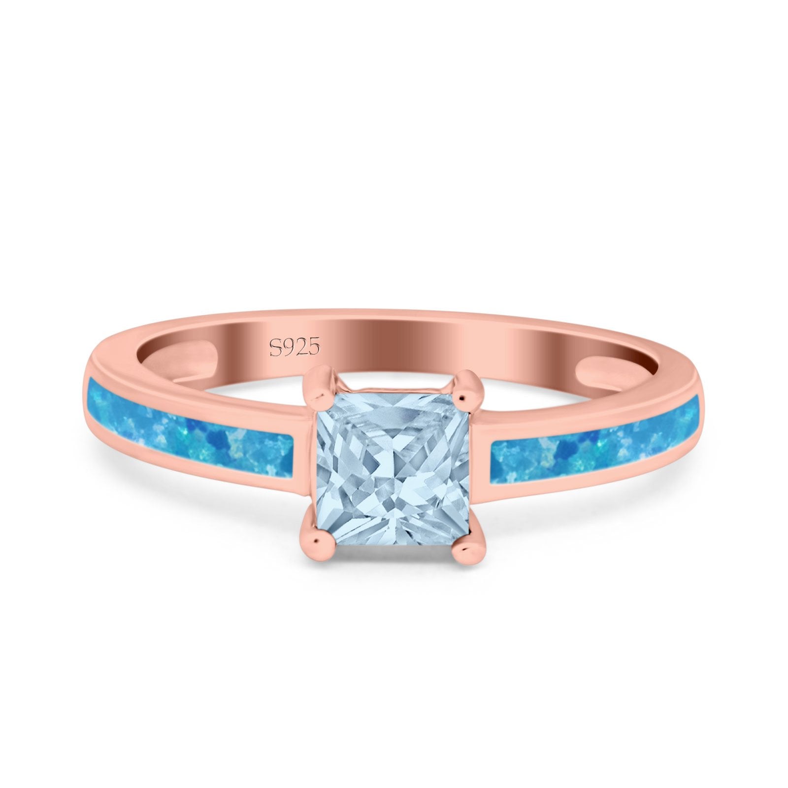 Solitaire Accent Fashion Ring Princess Cut Simulated Cubic Zirconia Created Opal 925 Sterling Silver