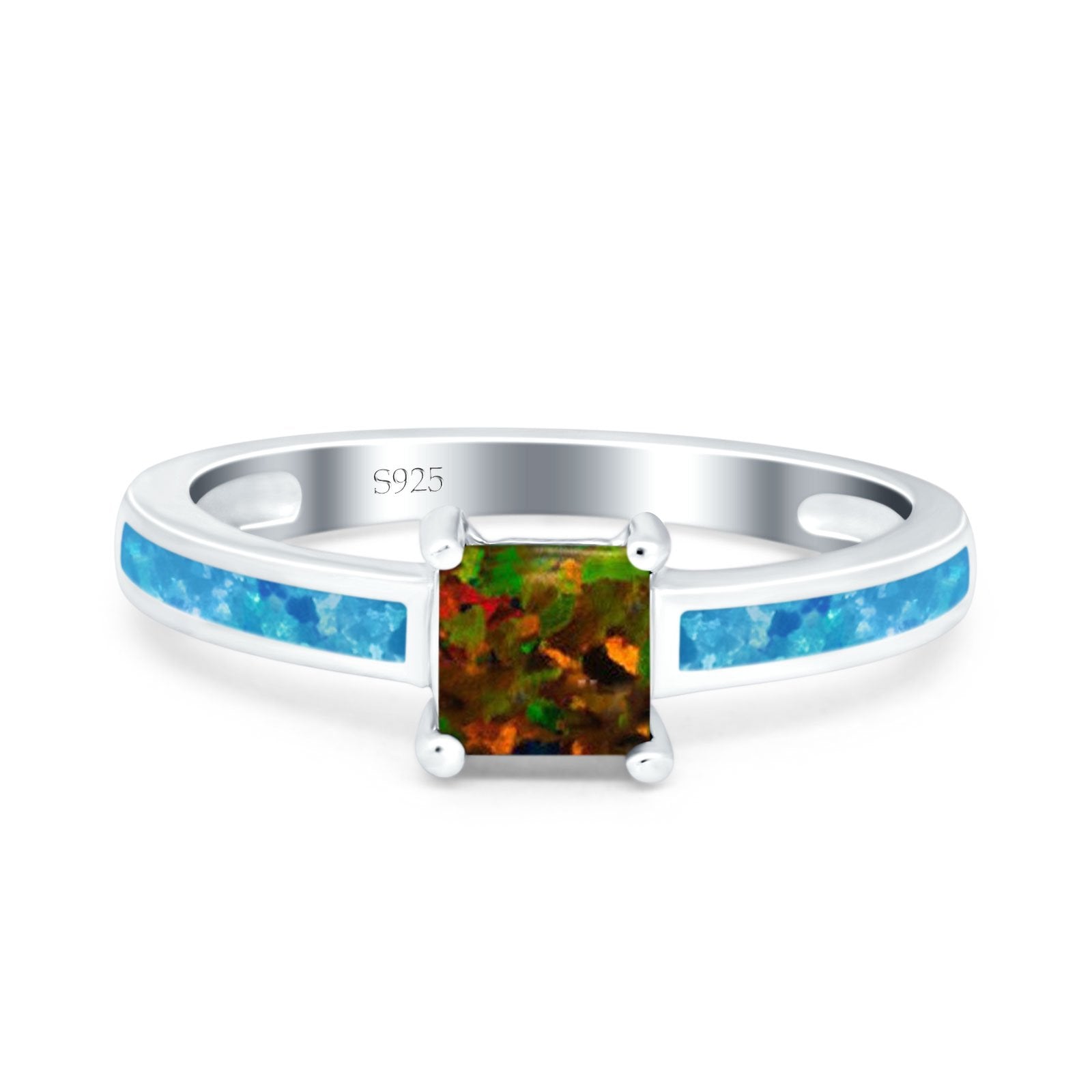 Solitaire Accent Fashion Ring Princess Cut Simulated Cubic Zirconia Created Opal 925 Sterling Silver