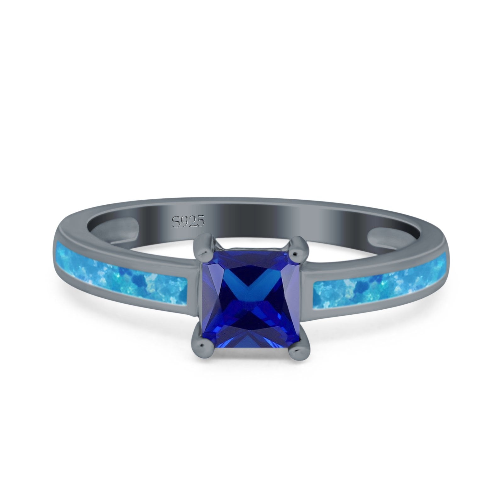 Solitaire Accent Fashion Ring Princess Cut Simulated Cubic Zirconia Created Opal 925 Sterling Silver