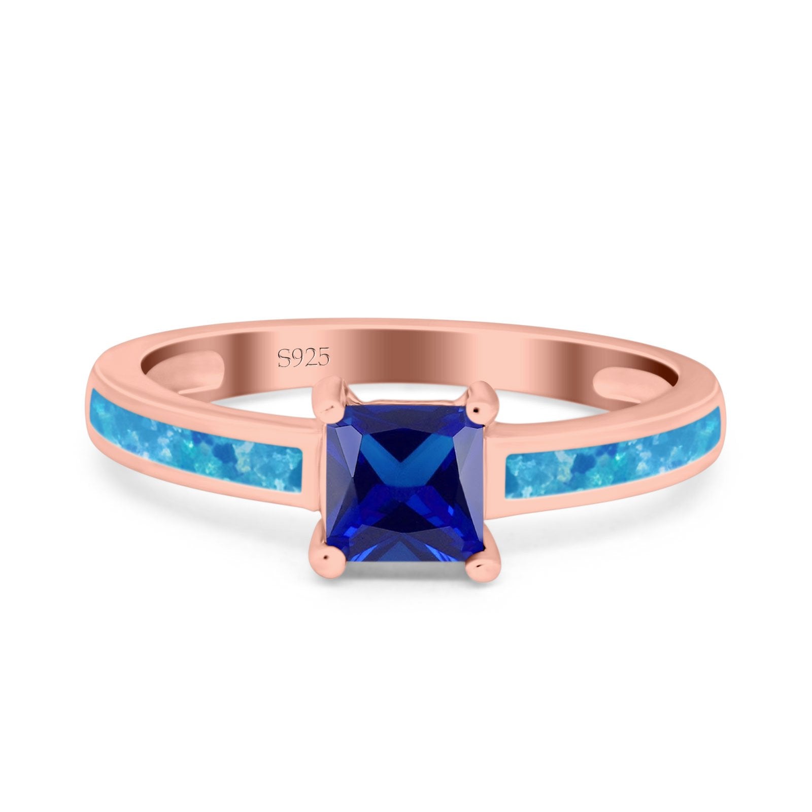 Solitaire Accent Fashion Ring Princess Cut Simulated Cubic Zirconia Created Opal 925 Sterling Silver