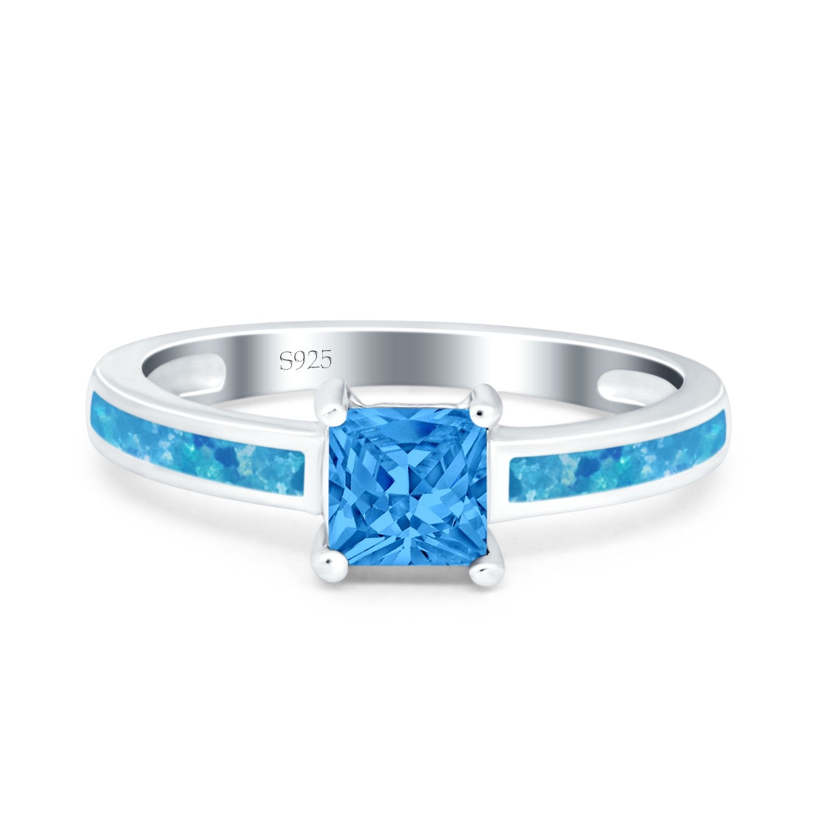 Solitaire Accent Fashion Ring Princess Cut Simulated Cubic Zirconia Created Opal 925 Sterling Silver