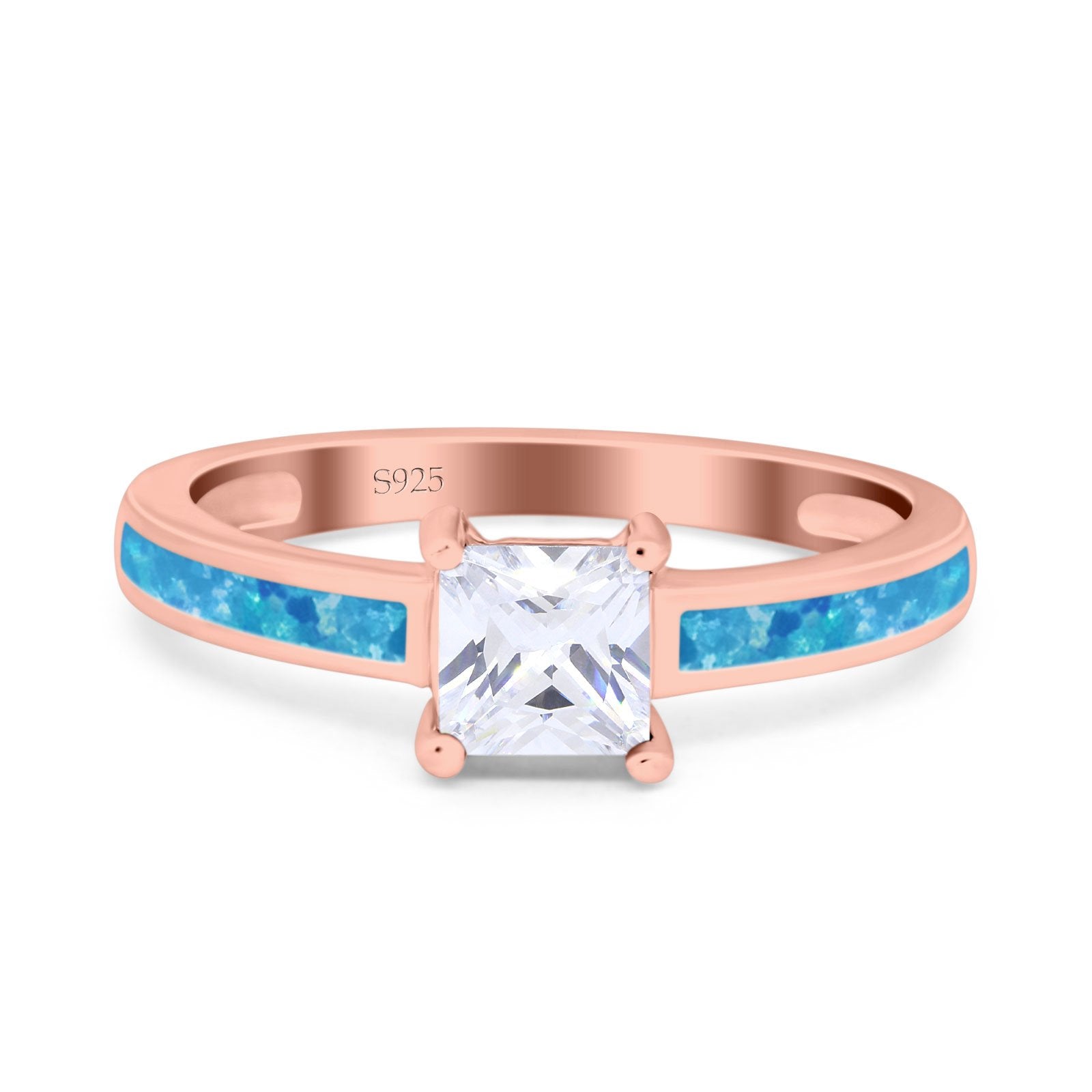 Solitaire Accent Fashion Ring Princess Cut Simulated Cubic Zirconia Created Opal 925 Sterling Silver