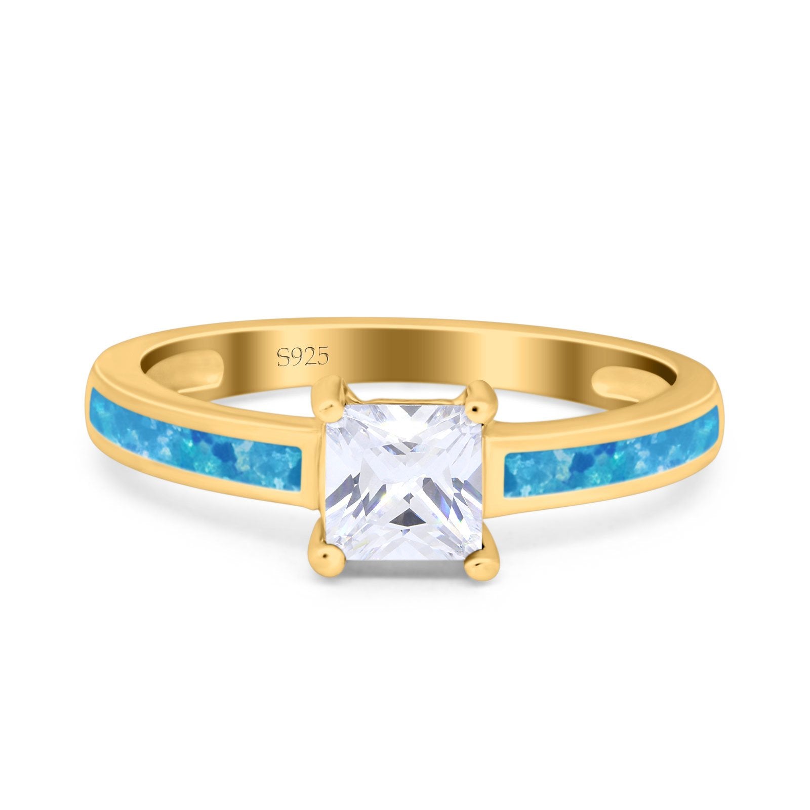 Solitaire Accent Fashion Ring Princess Cut Simulated Cubic Zirconia Created Opal 925 Sterling Silver