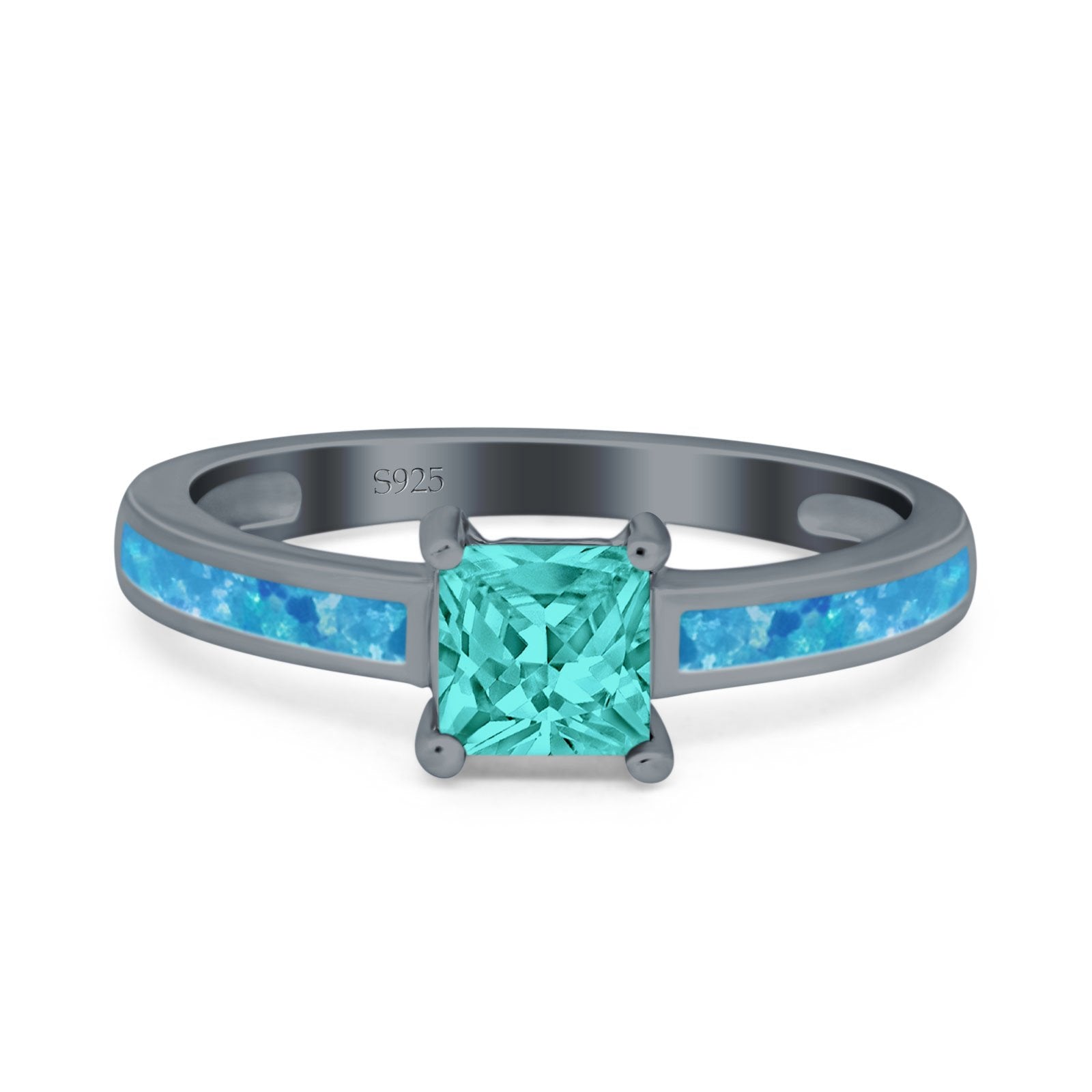 Solitaire Accent Fashion Ring Princess Cut Simulated Cubic Zirconia Created Opal 925 Sterling Silver