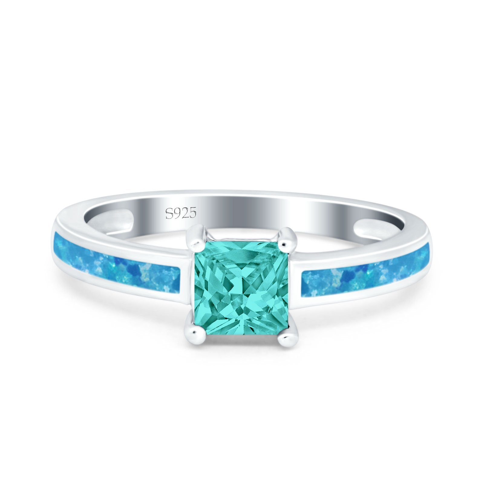 Solitaire Accent Fashion Ring Princess Cut Simulated Cubic Zirconia Created Opal 925 Sterling Silver