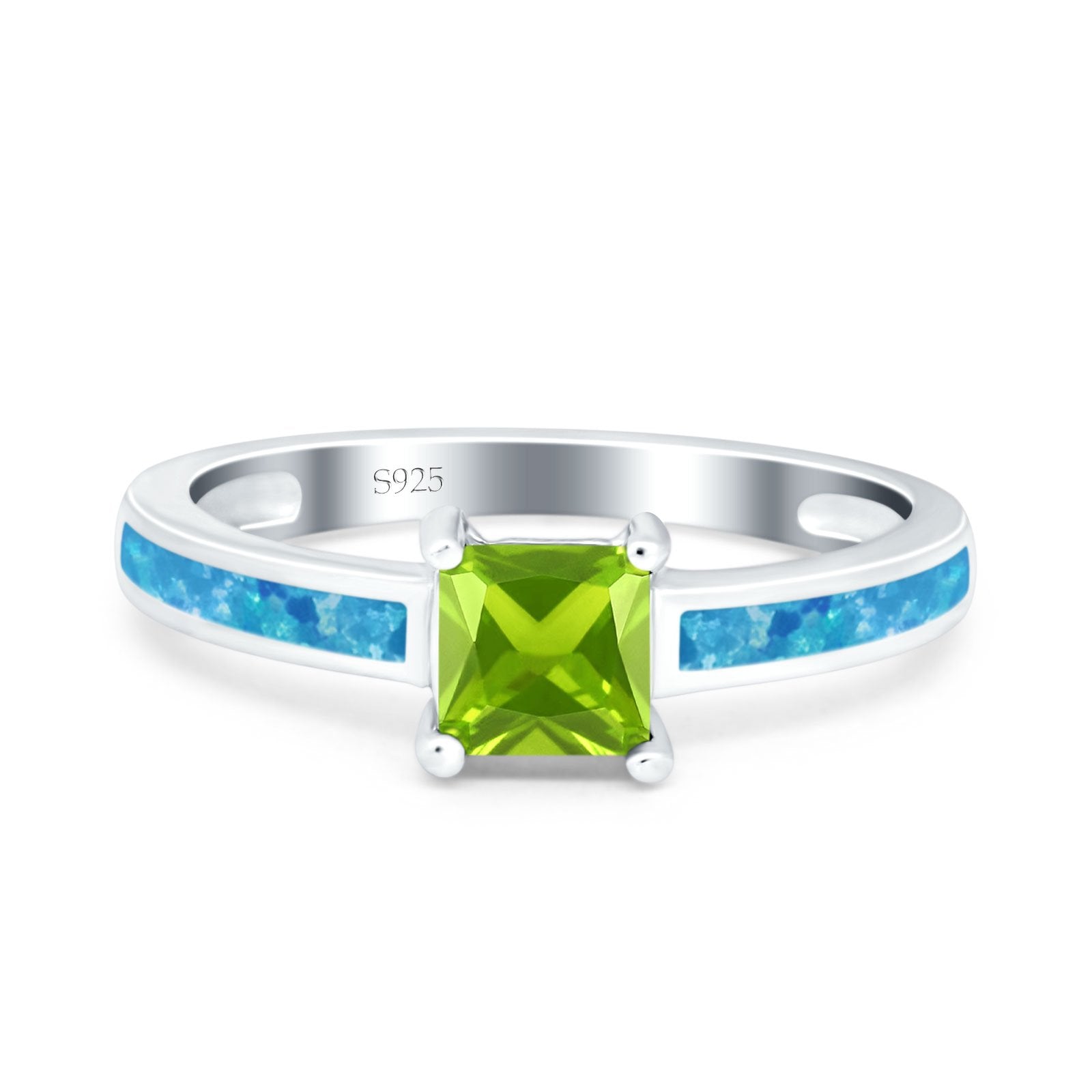 Solitaire Accent Fashion Ring Princess Cut Simulated Cubic Zirconia Created Opal 925 Sterling Silver