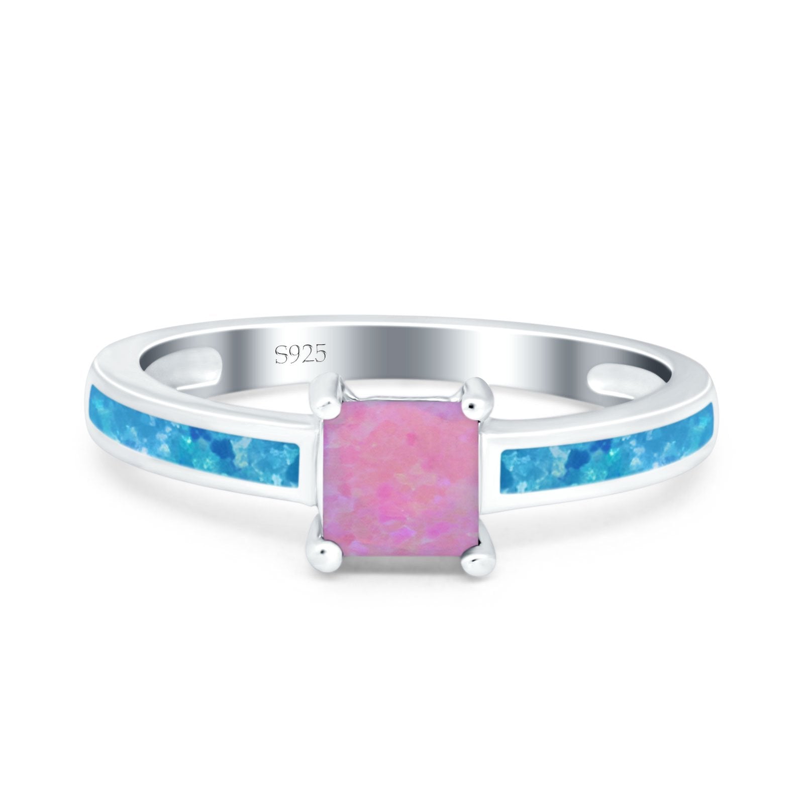 Solitaire Accent Fashion Ring Princess Cut Simulated Cubic Zirconia Created Opal 925 Sterling Silver
