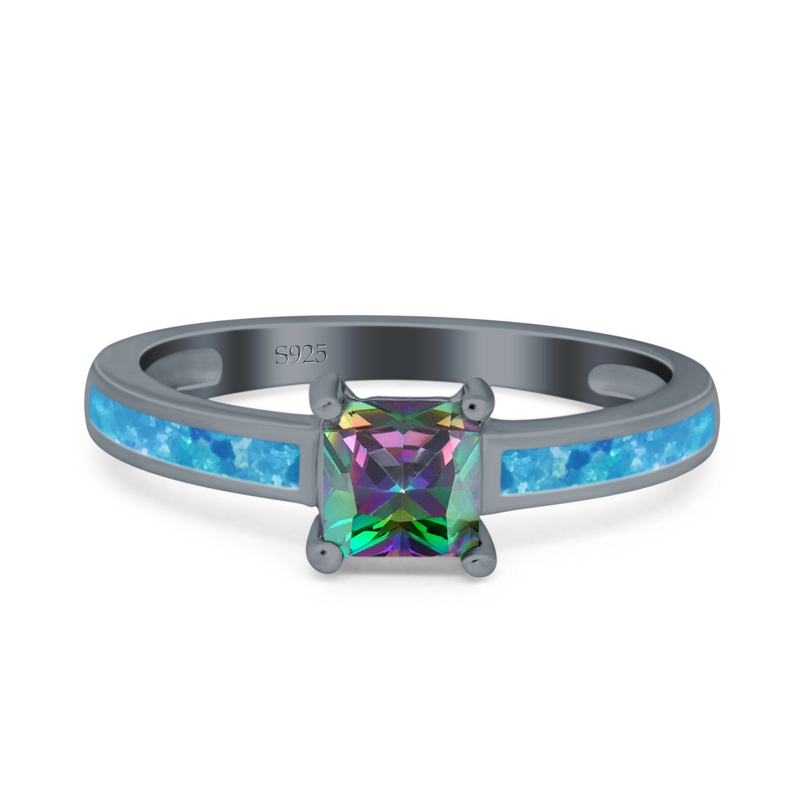 Solitaire Accent Fashion Ring Princess Cut Simulated Cubic Zirconia Created Opal 925 Sterling Silver