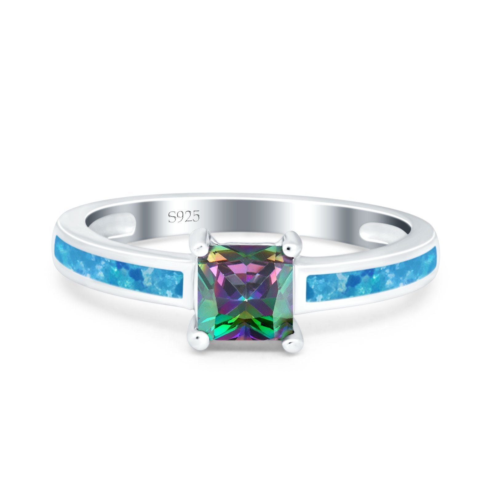 Solitaire Accent Fashion Ring Princess Cut Simulated Cubic Zirconia Created Opal 925 Sterling Silver