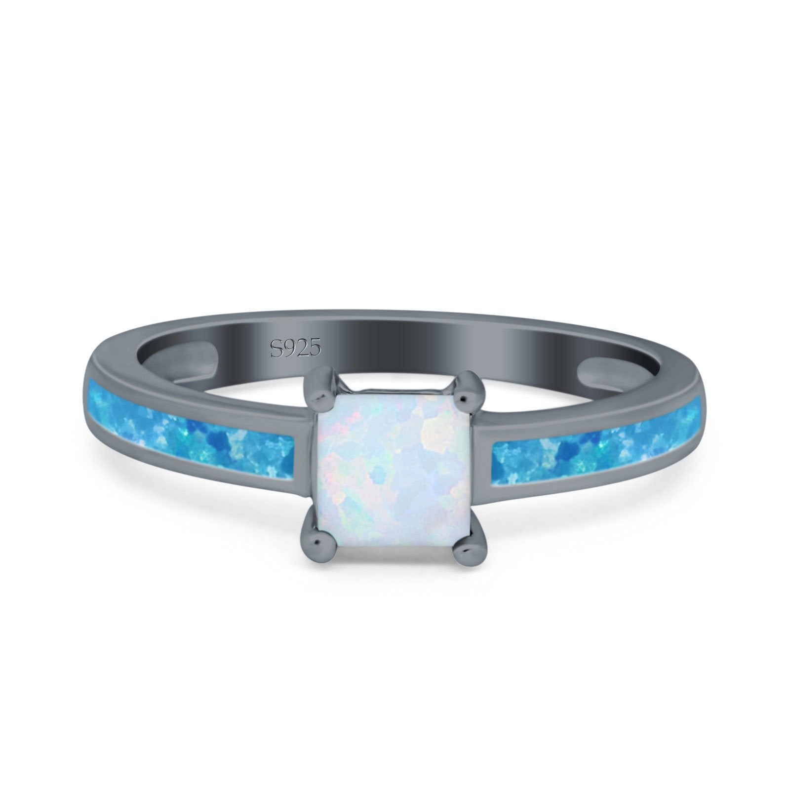 Solitaire Accent Fashion Ring Princess Cut Simulated Cubic Zirconia Created Opal 925 Sterling Silver