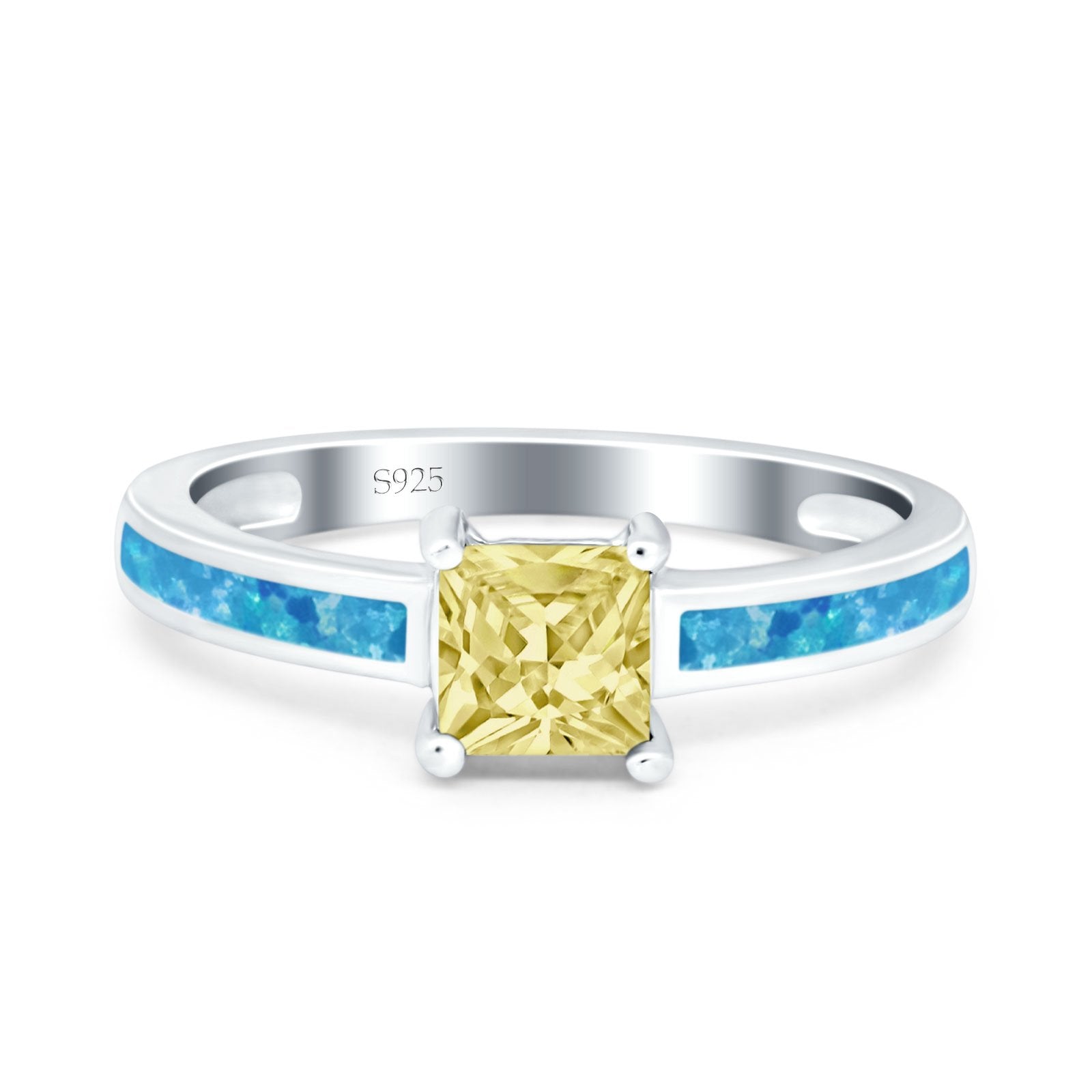 Solitaire Accent Fashion Ring Princess Cut Simulated Cubic Zirconia Created Opal 925 Sterling Silver