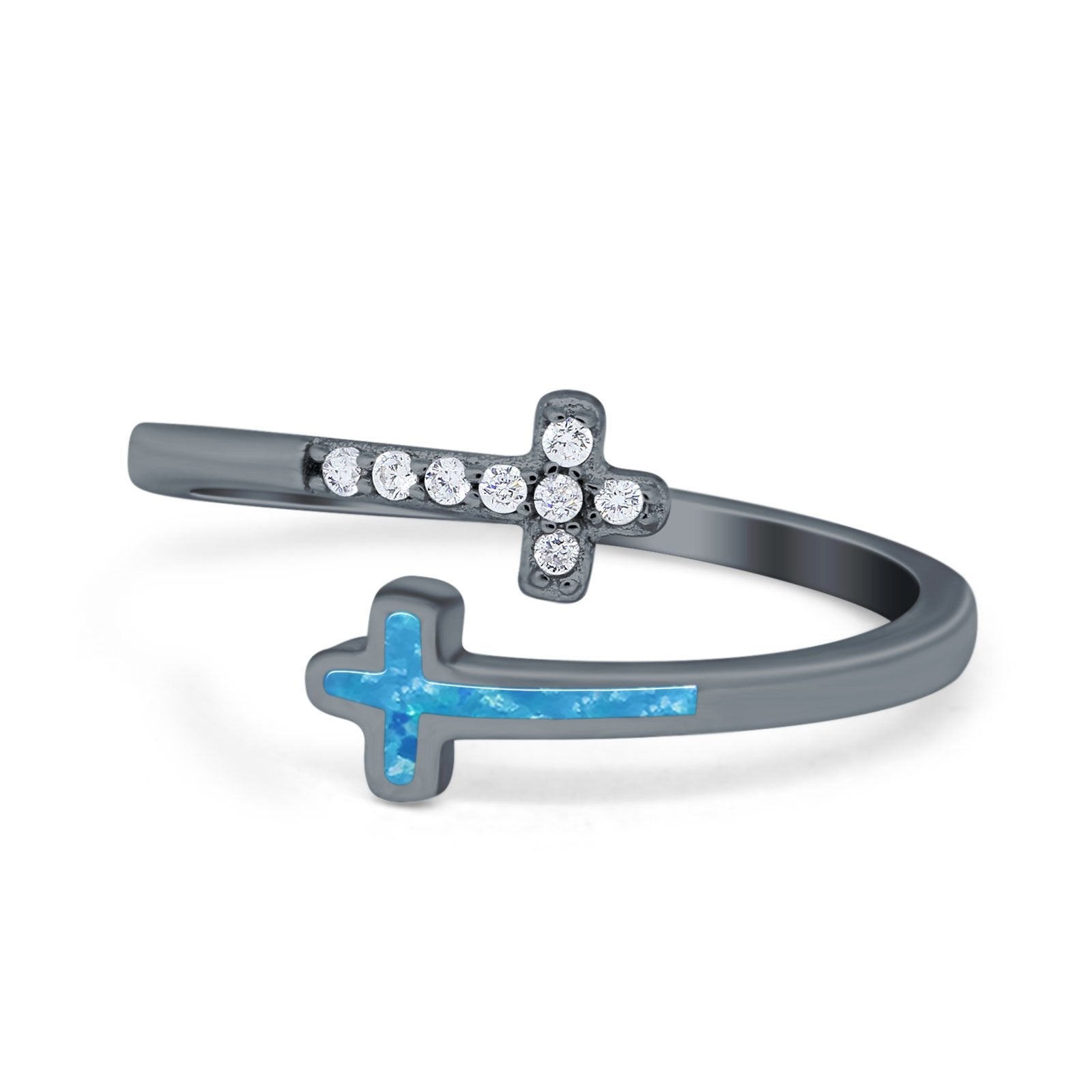 Cross Ring Sideways Round Eternity Simulated CZ Lab Opal 925 Sterling Silver