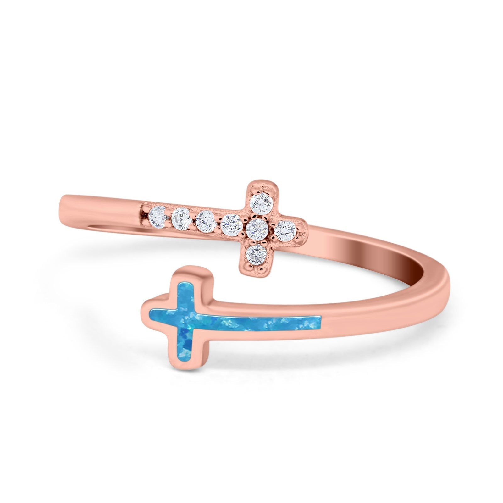 Cross Ring Sideways Round Eternity Simulated CZ Lab Opal 925 Sterling Silver