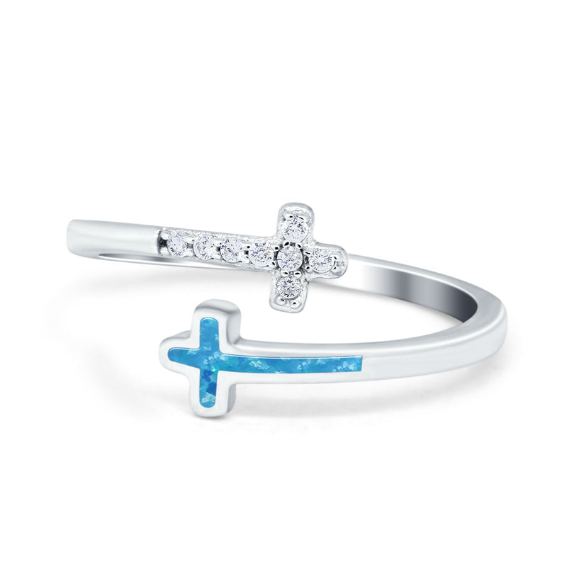 Cross Ring Sideways Round Eternity Simulated CZ Lab Opal 925 Sterling Silver