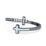 Cross Ring Sideways Round Eternity Simulated CZ Lab Opal 925 Sterling Silver