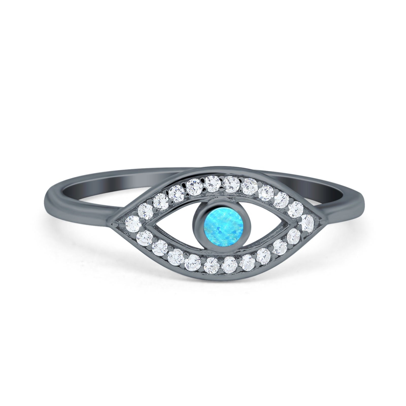 Evil Eye Ring Round Lab Opal Simulated Cubic Zirconia 925 Sterling Silver