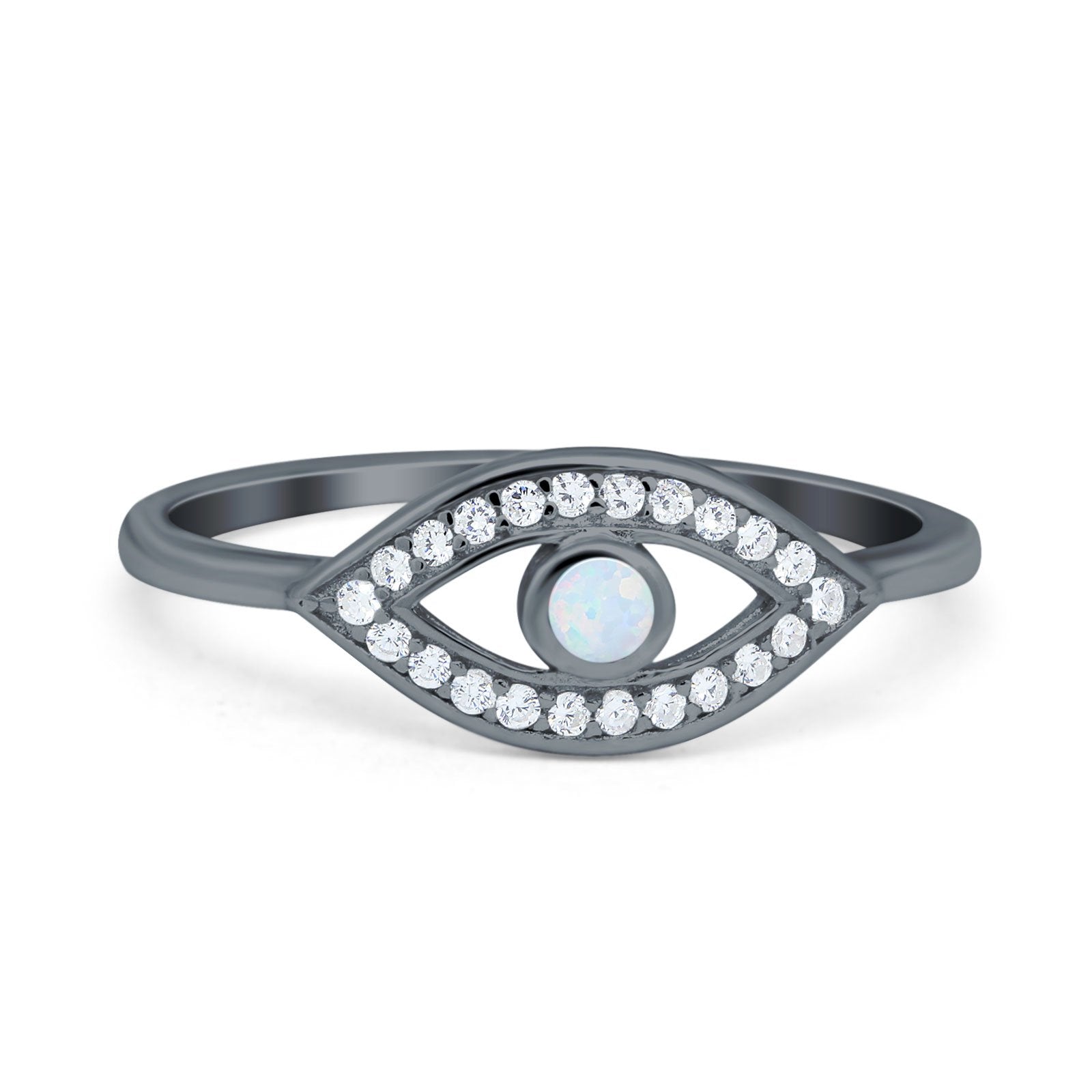 Evil Eye Ring Round Lab Opal Simulated Cubic Zirconia 925 Sterling Silver
