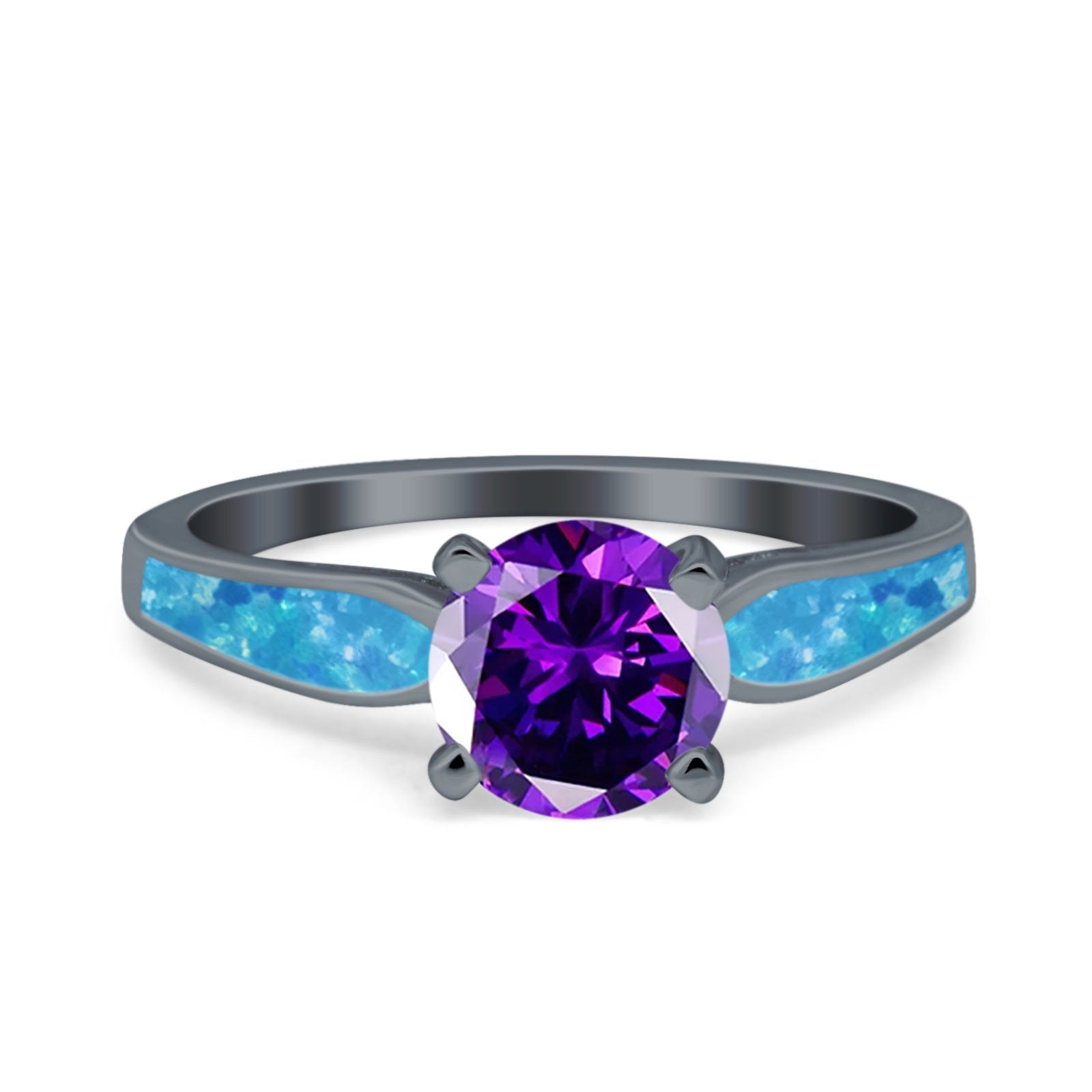 Solitaire Accent Engagement Ring Created Blue Opal Round Simulated Cubic Zirconia 925 Sterling Silver