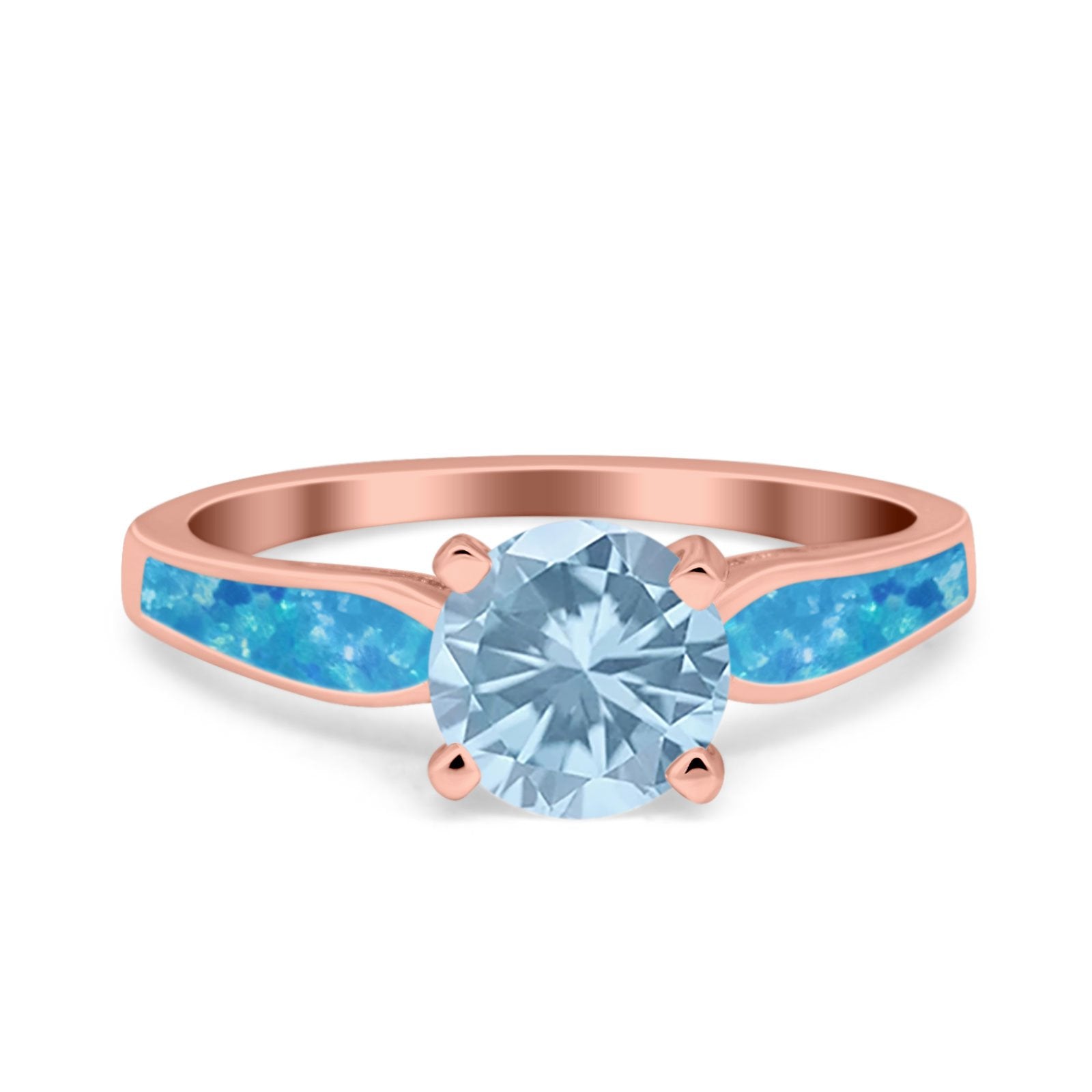 Solitaire Accent Engagement Ring Created Blue Opal Round Simulated Cubic Zirconia 925 Sterling Silver
