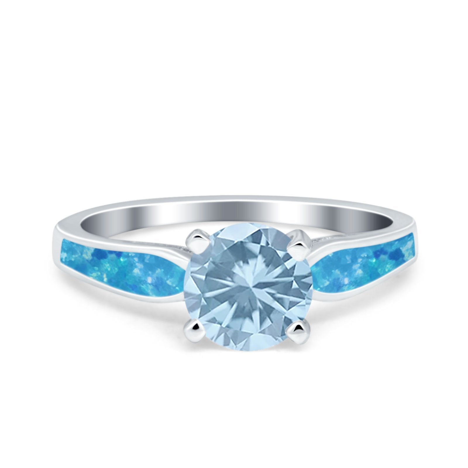Solitaire Accent Engagement Ring Created Blue Opal Round Simulated Cubic Zirconia 925 Sterling Silver