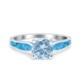 Solitaire Accent Engagement Ring Created Blue Opal Round Simulated Cubic Zirconia 925 Sterling Silver