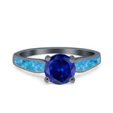 Solitaire Accent Engagement Ring Created Blue Opal Round Simulated Cubic Zirconia 925 Sterling Silver