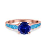Solitaire Accent Engagement Ring Created Blue Opal Round Simulated Cubic Zirconia 925 Sterling Silver