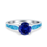 Solitaire Accent Engagement Ring Created Blue Opal Round Simulated Cubic Zirconia 925 Sterling Silver