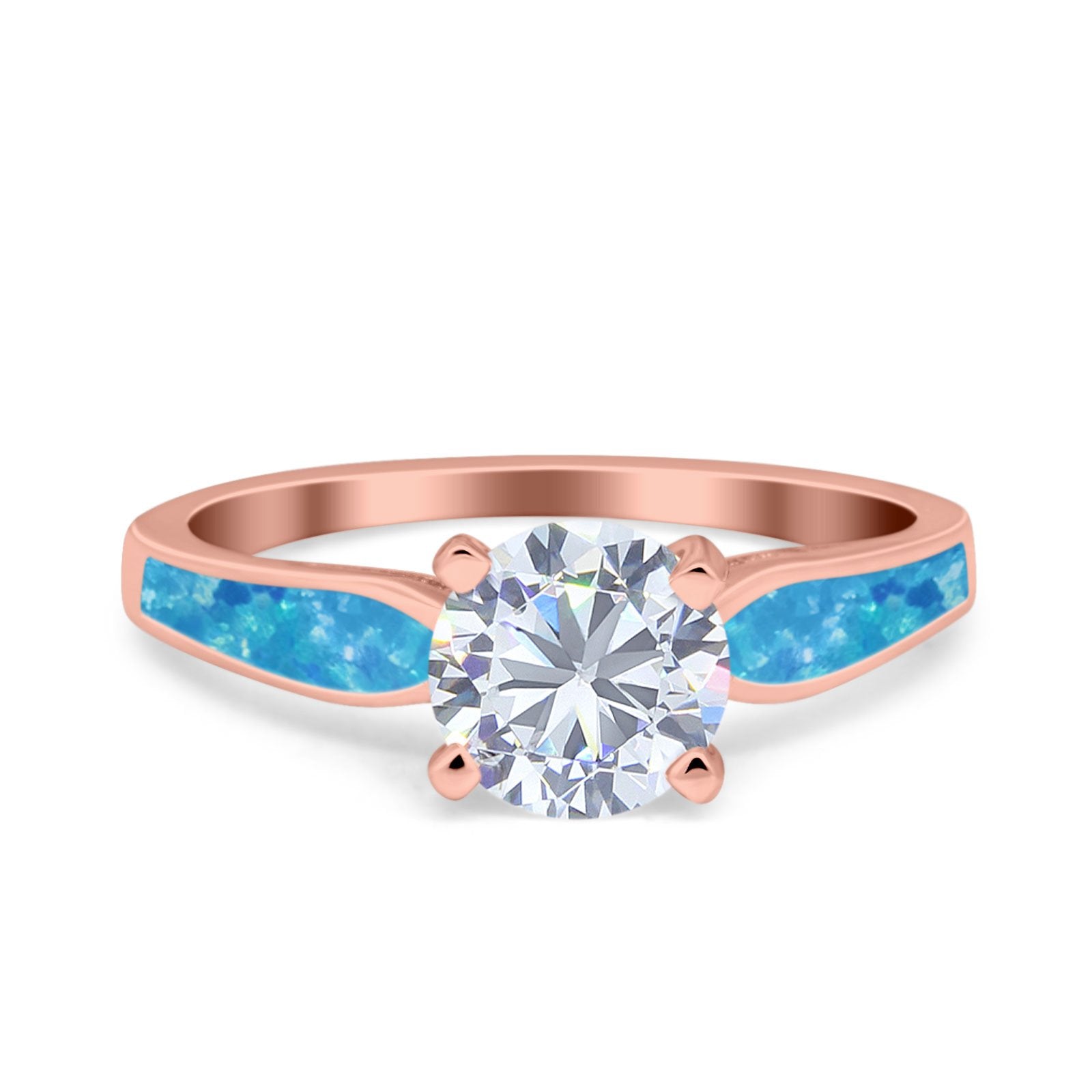 Solitaire Accent Engagement Ring Created Blue Opal Round Simulated Cubic Zirconia 925 Sterling Silver