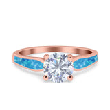 Solitaire Accent Engagement Ring Created Blue Opal Round Simulated Cubic Zirconia 925 Sterling Silver