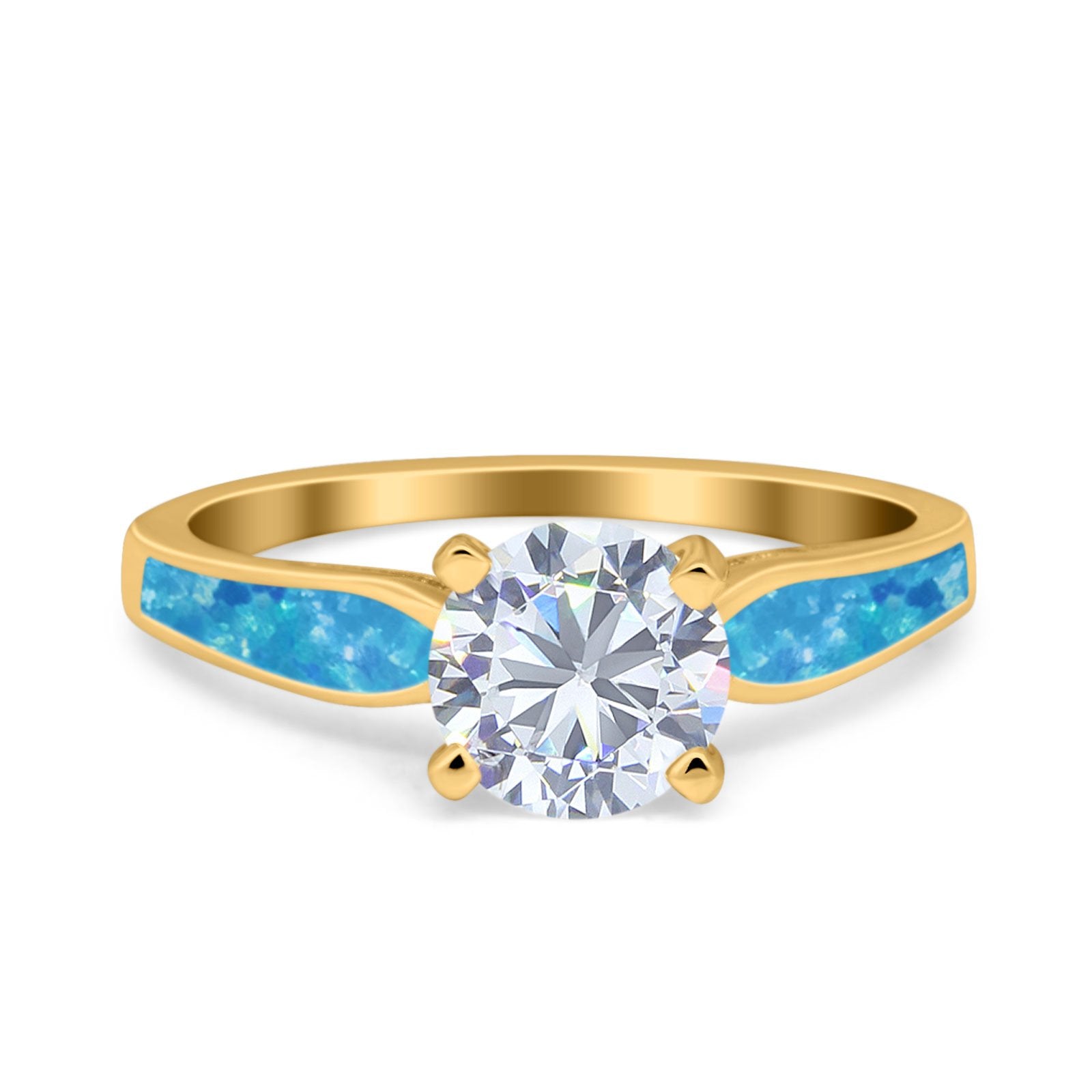 Solitaire Accent Engagement Ring Created Blue Opal Round Simulated Cubic Zirconia 925 Sterling Silver