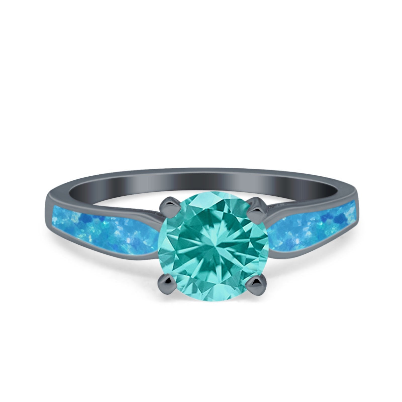 Solitaire Accent Engagement Ring Created White Opal Round Simulated Cubic Zirconia 925 Sterling Silver