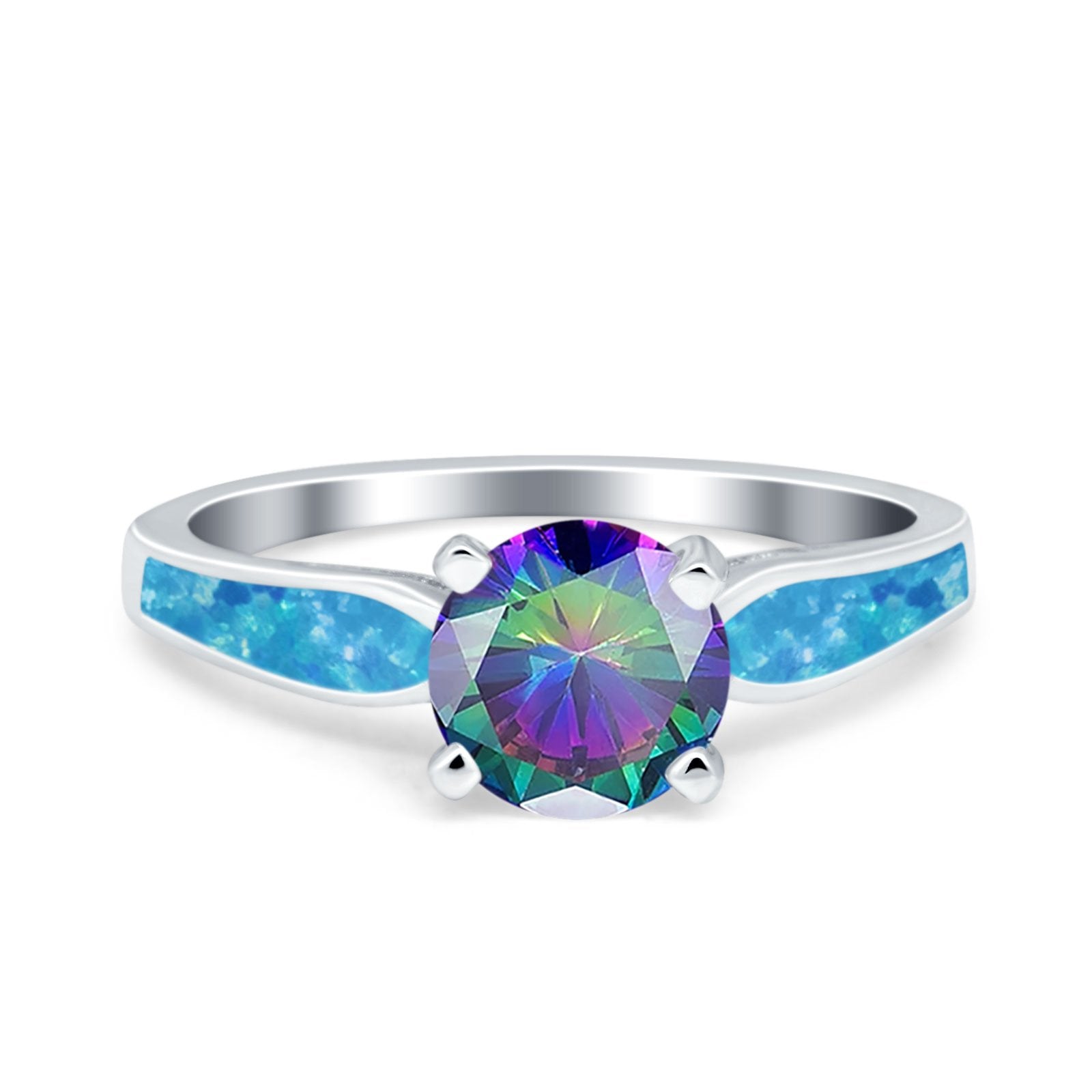 Solitaire Accent Engagement Ring Created White Opal Round Simulated Cubic Zirconia 925 Sterling Silver
