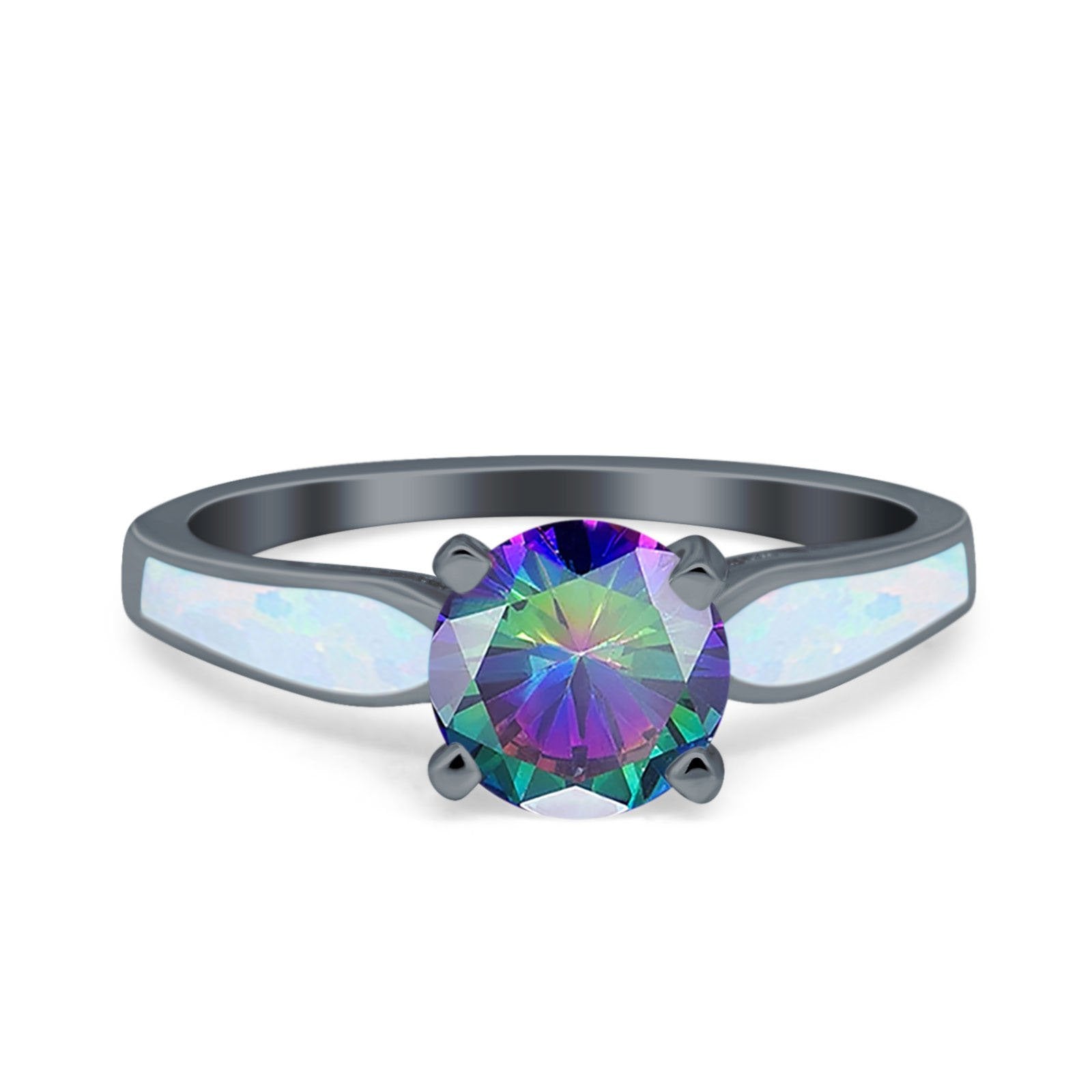 Solitaire Accent Engagement Ring Created White Opal Round Simulated Cubic Zirconia 925 Sterling Silver