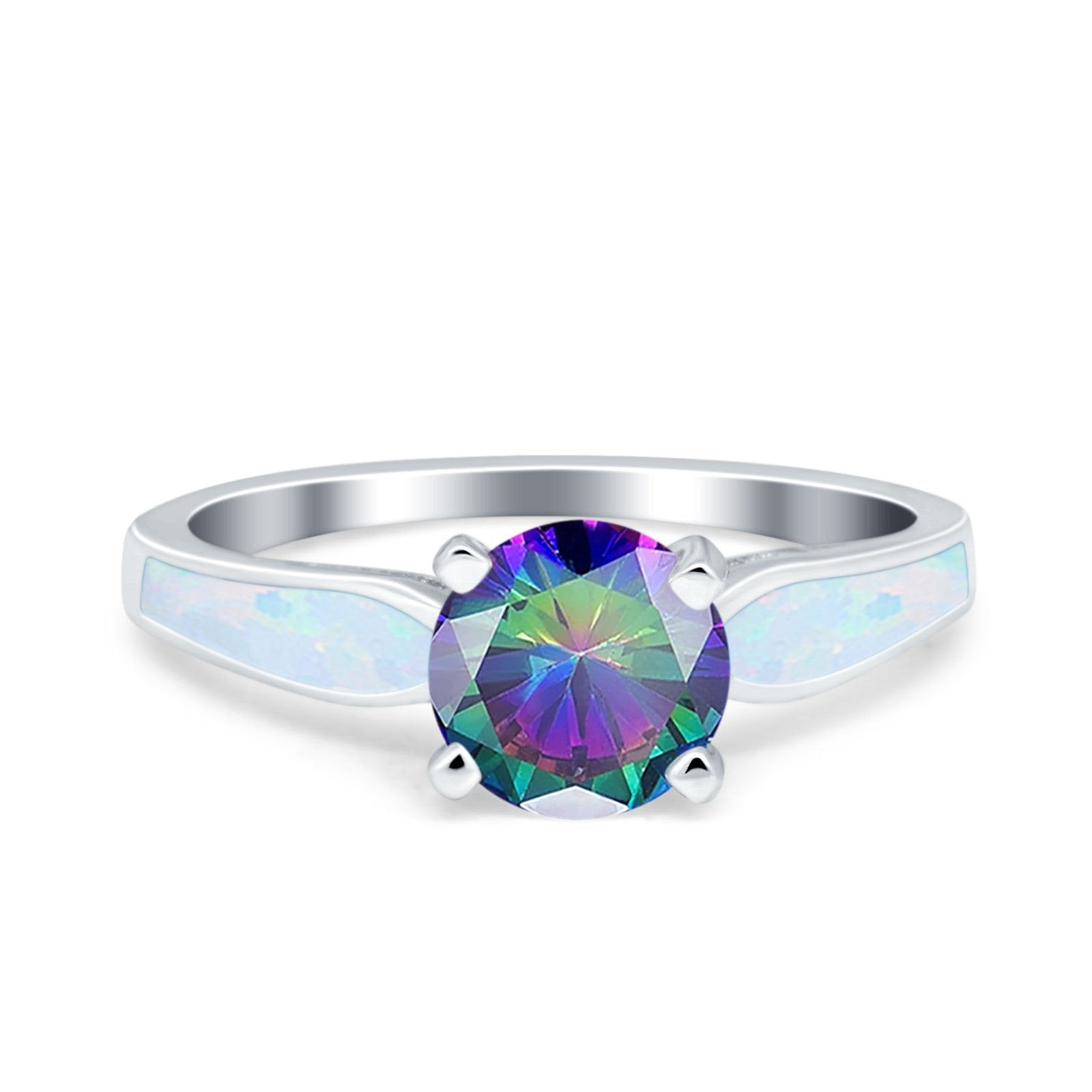 Solitaire Accent Engagement Ring Created White Opal Round Simulated Cubic Zirconia 925 Sterling Silver