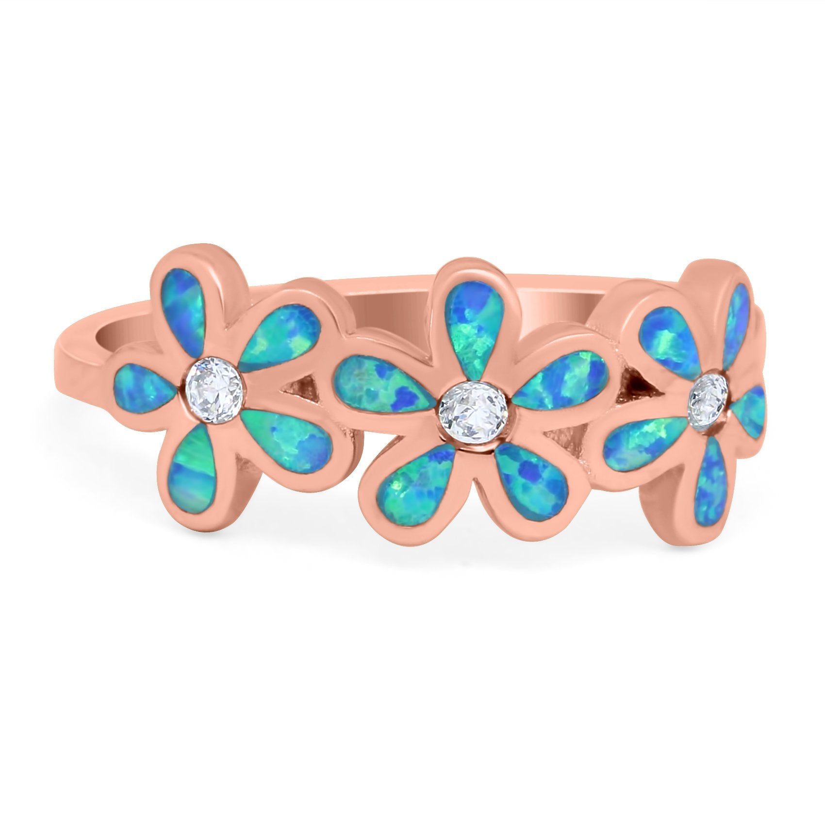 Plumeria Flower Ring Band Lab Created Opal Simulated Cubic Zirconia 925 Sterling Silver (8mm)